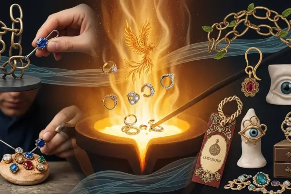Brilho consciente, mãos de joalheiro artesão trabalhando, metais preciosos sendo derretidos em cadinho e gemas antigas sendo inspecionadas para reciclagem e upcycling de joias.