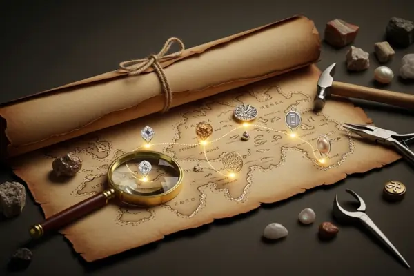 Ilustração vibrante de um mapa estilizado com elementos de joalheria artesanal, como gemas lapidadas, ferramentas de ourives (martelo, pinça), e peças de joias em formação.