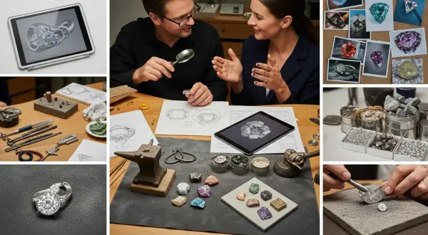 Joalheiro e cliente colaborando em um atelier, discutindo esboços e modelos 3D de uma joia personalizada
