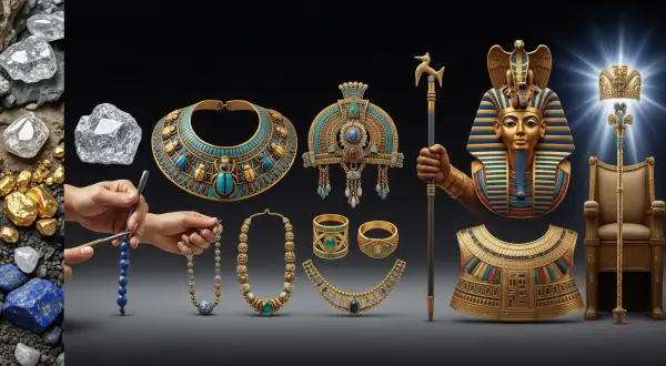 Várias peças de ouro ornamentadas com lápis-lazúlis e turquesas, representando a riqueza e o poder das joias da realeza antiga e seu simbolismo divino.