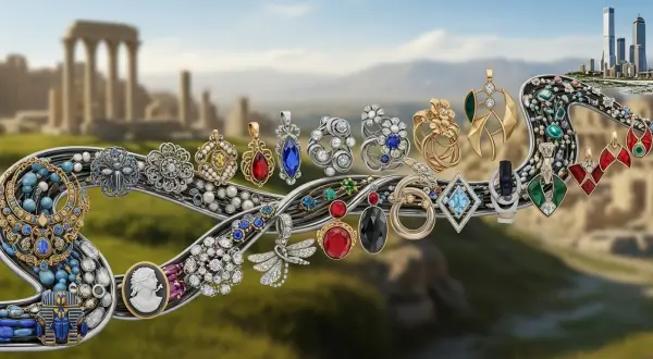 Montagem visual da evolução do design de joias, simbolizando a rica história e as tendências da joalheria artesanal como reflexo de diferentes épocas e culturas.