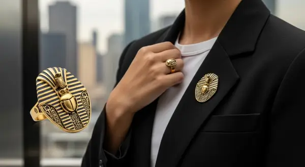 Joias Antigas Poder, anel e broche robustos, em estilo moderno-antigo, simbolizando autoridade pessoal e força no design de joias contemporâneas.