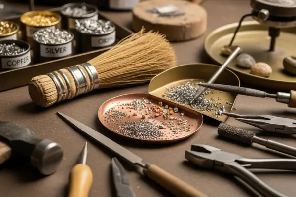 Bancada de ourives organizada com recipientes etiquetados para coletar limalhas de diferentes metais preciosos, ilustrando práticas de sustentabilidade e economia circular em um atelier de joalheria ética.