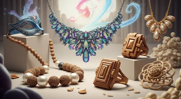 A imagem celebra a fusão de estilos históricos com materiais alternativos e sustentáveis no estilos de joias artesanais contemporânea, desafiando convenções e promovendo a criatividade sem limites.