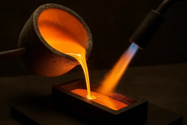 Ferramentas para Joalheria Profissional, um lingote de metal precioso, ainda incandescente, repousa em um molde de aço.