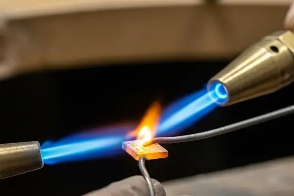Ferramentas para Joalheria Profissional, diagrama ilustrativo de um maçarico de joalheria com tipos de chamas: neutra (azul clara, cone interno definido, ideal para solda), demonstrando o controle da temperatura e a mistura de gases na fundição e soldagem de metais.