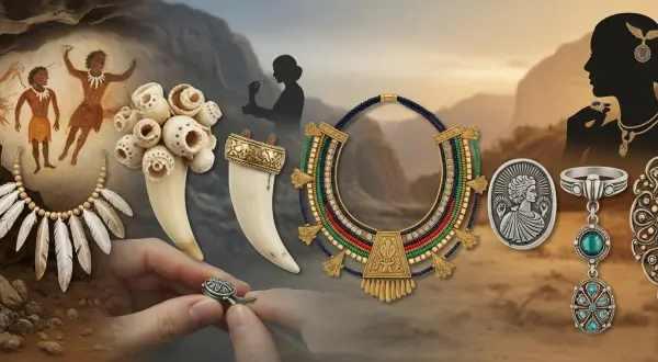 Conchas e ossos pré-histórico, representando a origem da joalheria e a expressão humana ancestral.