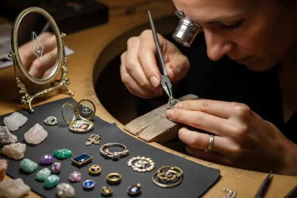 Mulher contemplando uma joia personalizada com uma gema brilhante em um espelho, refletindo autoconhecimento e história.
