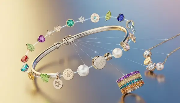 Joias que contam histórias, pulseira ou colar modular com múltiplos charms e pequenas gemas adicionáveis, criada para ser um legado em construção.
