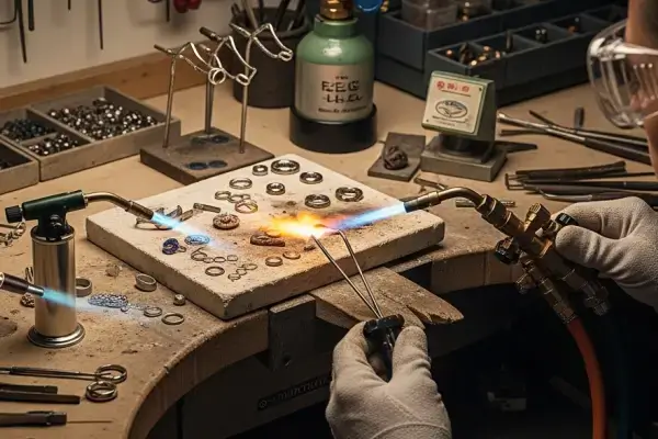 Mãos de joalheiro experiente manuseando um maçarico oxigênio-combustível com chama precisa,