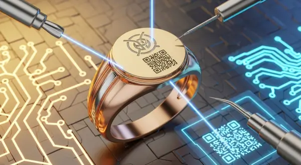 Joias medievais, anel de sinete moderno em ouro fosco, com gravação a laser de um símbolo pessoal e um QR Code discreto, representando identidade e branding pessoal no século XXI. 
