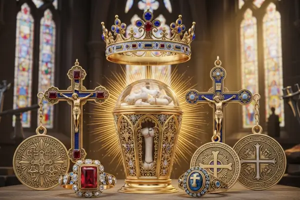 Uma coroa imperial com pedras preciosas e filigrana intrincada, ilustrando a opulência e o profundo significado espiritual e político das joias medievais.