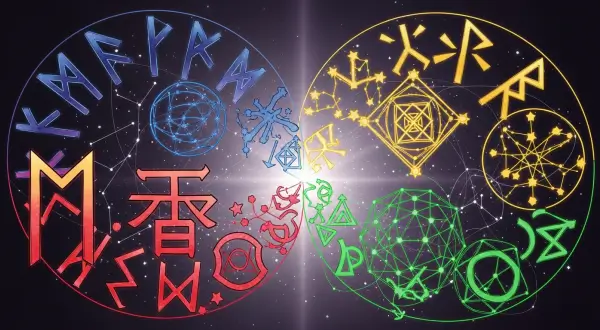 Joias que contam histórias, ilustração conceitual e artística apresentando diversos símbolos entrelaçados, como runas antigas, ideogramas japoneses e padrões de constelações. Os elementos flutuam em um espaço etéreo com cores vibrantes e contrastantes de ouro elétrico, índigo profundo e carmesim, com luzes suaves emanando do centro da composição.