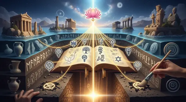 Símbolos em joias personalizadas, um livro antigo sobre simbologia ou mitologia, com outros elementos como esboços de joias e imagens de símbolos culturais