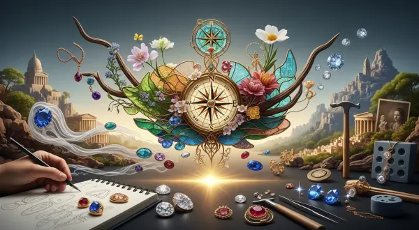 Espalhados de joias, gemas, ferramentas de ourives tradicionais e um caderno aberto com anotações, simbolizando a busca por direção e a materialização de ideias no design de joias com alma e autenticidade.