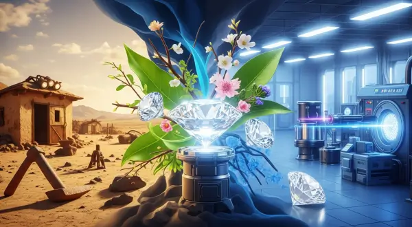 Composição visual de um diamante de laboratório lapidado e brilhante, flutuando sobre um cenário que mistura um laboratório de alta tecnologia limpo com elementos naturais intocados, representando a união de ciência, beleza e sustentabilidade na joalheria moderna.