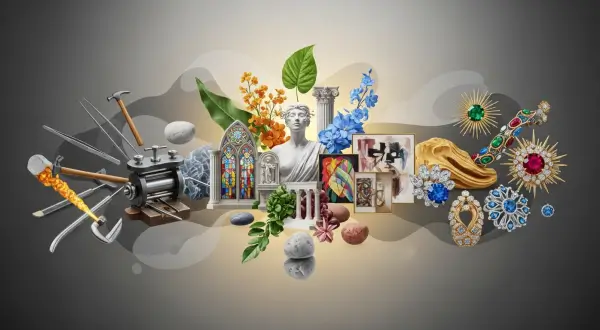 Montagem artística que ilustra as etapas do processo criativo de joias artesanais, que representa a materialização da ideia original.