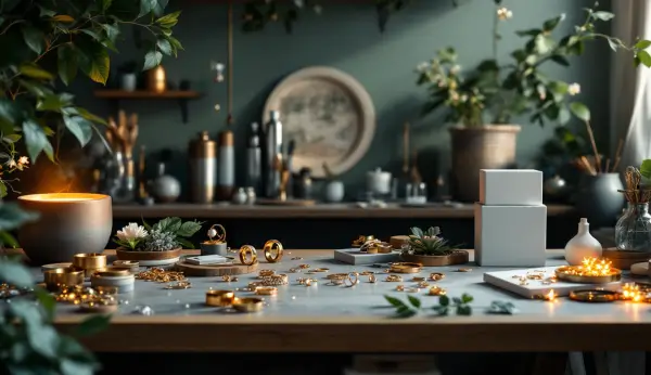 Uma bancada de ourives organizada e limpa, com ferramentas tradicionais, sobras de metal em recipientes separados para reciclagem, destacando a produção de joias com práticas sustentáveis e economia circular.