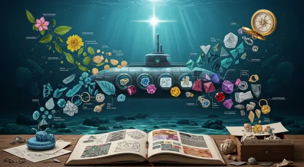 Estilo pessoal joalheria artesanal, um caderno de capa de couro aberto. As páginas contêm colagens de texturas, desenhos de joias em rascunho, anotações à mão sobre design e pequenas amostras de materiais como pedras e metais.