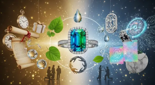 Anel de noivado moderno com diamantes de laboratório, repousando sobre um álbum de fotos antigo de família ou um certificado "Passaporte Verde", simbolizando a união de tradição, inovação e um legado ético para as futuras gerações.
