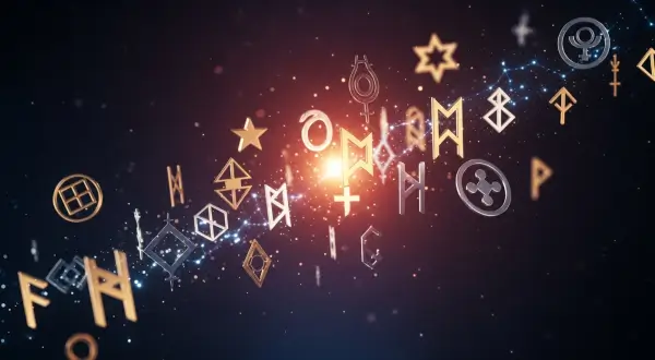 oalheria renascentista, ilustração digital conceitual em estilo moderno e limpo, apresentando diversos símbolos entrelaçados flutuando em um espaço etéreo tridimensional. Runas antigas, ideogramas japoneses e padrões de constelações em ouro elétrico, índigo profundo e carmesim se sobrepõem em camadas de transparência, com luzes suaves emanando do centro da composição.