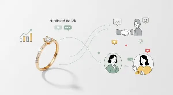 Marketing para joias artesanais, uma imagem que ilustra um micro-influenciador, simbolizando a conexão e a confiança mútua, sem a agitação de uma grande multidão. 