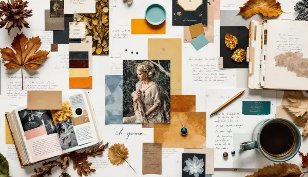 Uma mesa de trabalho organizada com um caderno de esboços aberto, exibindo rascunhos de joias, anotações de ideias e colagens de imagens. Ao redor, diversos elementos de inspiração para design de joias. Um lápis e uma caneta estão posicionados como se o designer tivesse acabado de anotar uma ideia. A imagem celebra a prática de coletar inspirações do cotidiano e a criação de um repositório pessoal de ideias para o design de joias artesanais, combatendo o bloqueio criativo.