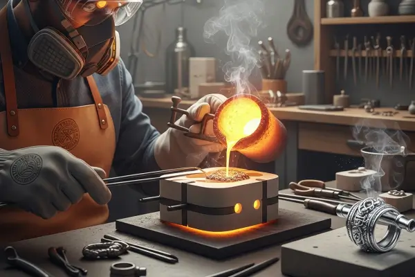 Joalheiro artesanal preparando molde de cera perdida para fundição de joia, destacando o processo de "A Alquimia da Forma" e técnicas de joalheria.