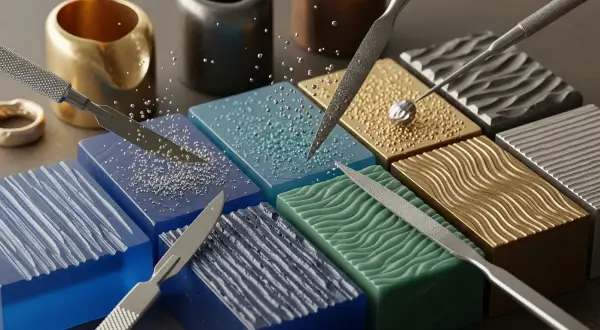 Modelo de cera com textura rústica e linhas gravadas, evidenciando marcas artísticas de ferramentas escultura em cera joalheria, como bisturi e lima para joalheria.