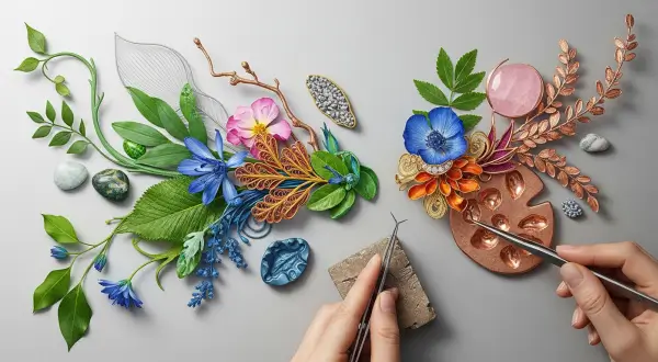 Inspirações de joias artesanais, detalhe de uma folha com nervuras intrincadas ao lado de um rascunho de joia ou peça semi-pronta, exemplificando biomimética.