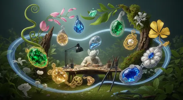 Elementos naturais como folhas e sementes, ilustrando a aplicação dos princípios da Joalheria Art Nouveau na criação de joias contemporâneas.