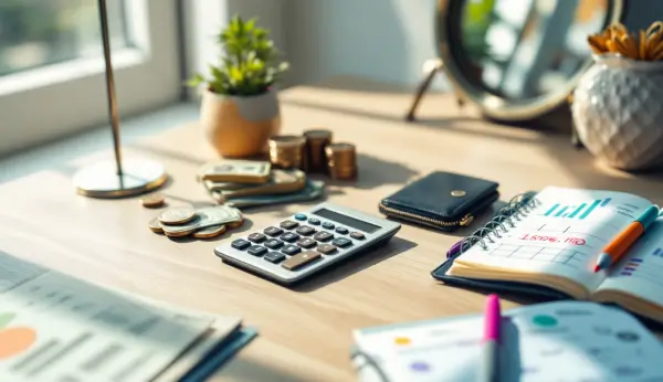 Uma imagem conceitual de primeiros socorros personalizada com ícones financeiros (moedas, calculadora, calendário) e itens como um pequeno espelho, uma lista de tarefas, representando ferramentas de gestão financeira artesanal.