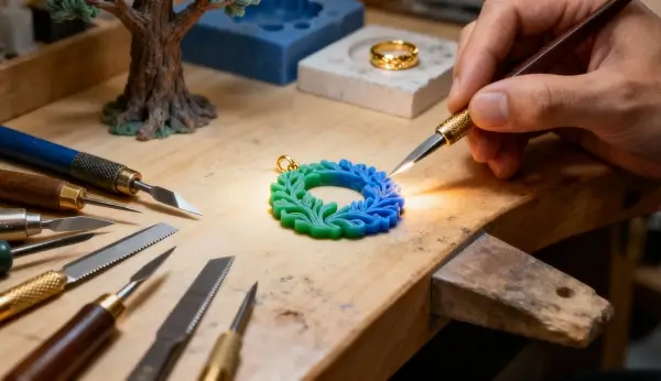 Mãos de joalheiro artesão esculpindo detalhe em modelo de cera verde usando wax carver, cercado por bisturis e limas organizadas