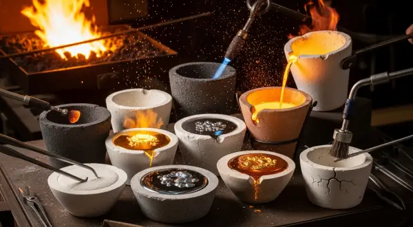 Cadinhos de grafite com ouro ou prata fundido, com ligas metálicas. Representa o processo de fundição de metais preciosos.