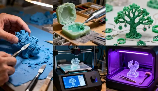 Modelos de joias em cera esculpida e resina 3D impressa em bancada de joalheria, representando a modelagem para fundição.
