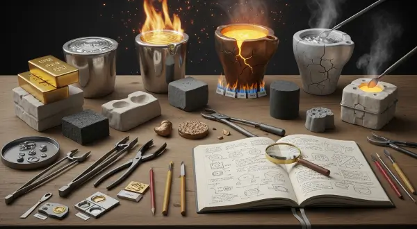 Fundição artesanal de joias, caderno de anotações artesanal aberto com esquemas detalhados de fundição de metais preciosos, temperaturas ideais e proporções de ligas.