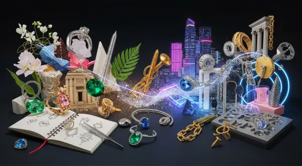 A imagem representa a mente curiosa e o olhar atento do artesão, essenciais para o "garimpo de ideias".