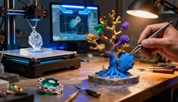 Joalheiro trabalhando em modelo híbrido de joia, combinando uma base impressa em resina 3D com detalhes esculpidos em ceras de fundição joalheria para acabamento artesanal.