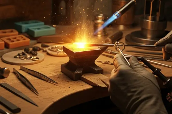 Mãos de joalheiro artesão trabalhando em bancada com ferramentas de ourivesaria.