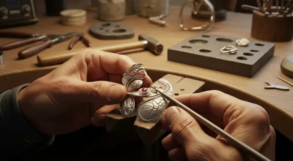 Mãos de um joalheiro artesão trabalhando em uma peça de metal e gema com ferramentas tradicionais, simbolizando a dedicação e a criação de uma joia autoral e única.