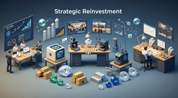 Moedas de ouro e notas de dinheiro fluindo em direção a elementos de tecnologia (impressora 3D), marketing digital (ícone de tráfego), conhecimento (livros, diploma) e branding (logo estilizado), ilustrando o reinvestimento estratégico para a expansão e escalabilidade de um atelier de joias artesanais.