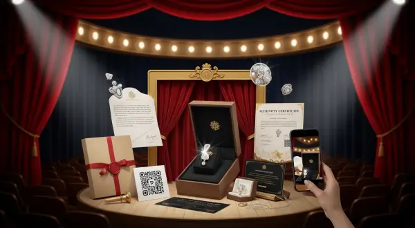 Valor percebido joias artesanais, caixa de presente de joia com embalagem de luxo personalizada, revelando papel de seda, fita de cetim, certificado de autenticidade. Ilustra a experiência de unboxing premium e cuidado com detalhes da marca.
