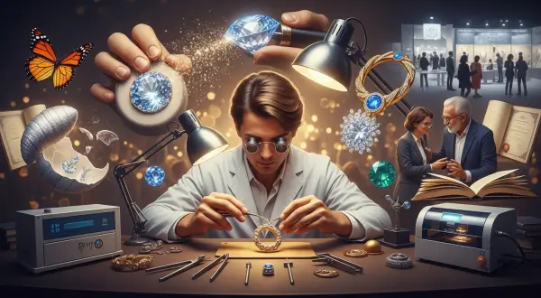 Reinvestimento estratégico artesanal, uma cabeça humana estilizada com engrenagens visíveis e elementos como uma joia lapidada, um livro aberto, um gráfico de crescimento e um ícone de rede (`networking`), simbolizando o "upgrade da mente mestra" através do aprendizado contínuo e da colaboração para ourives e empreendedores criativos.