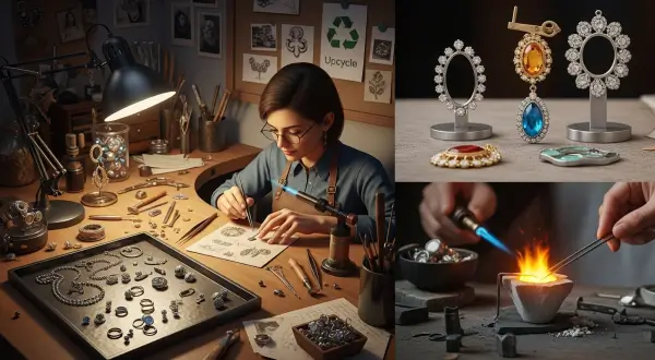 Joias sustentáveis, ourives desmontando uma joia vintage ao lado de um esboço de novo design moderno, representando o upcycling e a repaginação de peças de família.
