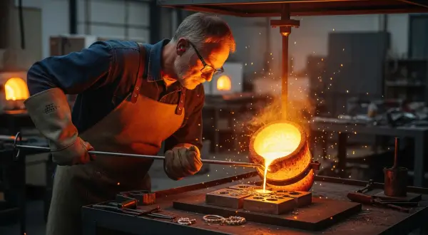 Joalheiro preenchendo moldes com metal precioso derretido, num dos passos do processo de Fundição de Joias Artesanais por cera perdida.