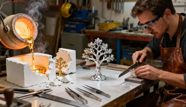 `Joalheiro artesanal preparando molde de cera perdida para Fundição de Joias Artesanais, destacando o processo de "A Alquimia da Forma" e técnicas de joalheria.
