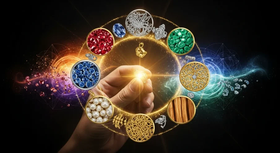 Composição visual de diferentes metais (ouro, prata), gemas variadas e esboços de formas, representando os elementos que compõem o DNA do design de joias artesanais.