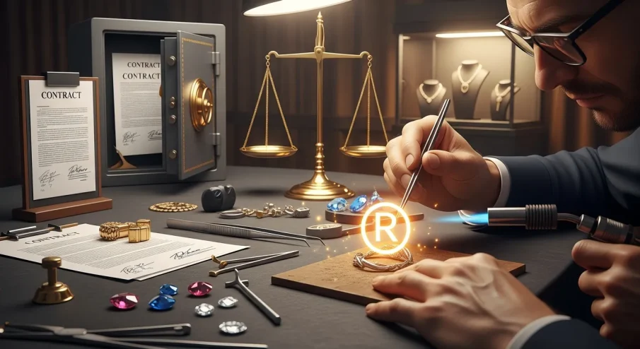 Joia artesanal com design único, envolto por um brilho sutil em forma de escudo ou cadeado digital, e ícones de marca registrada (®).