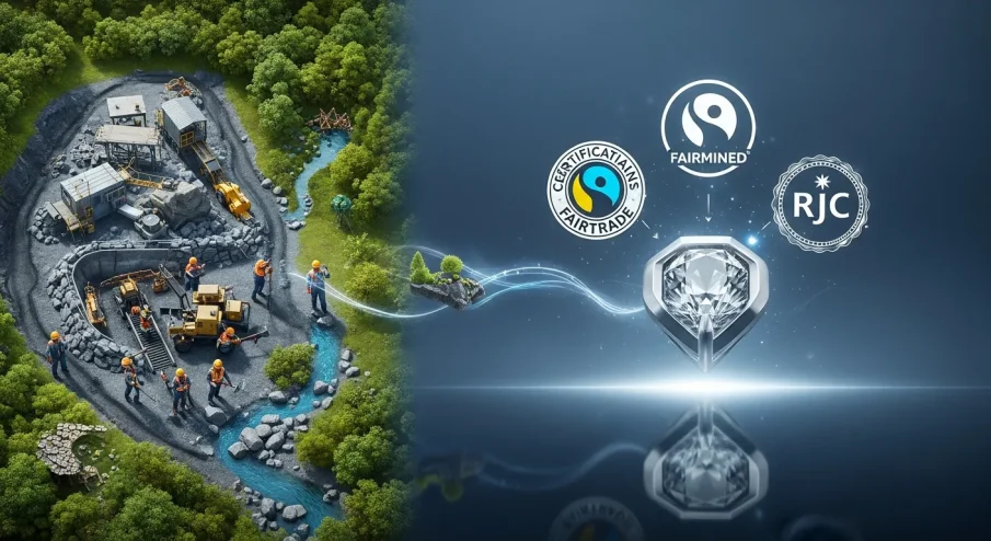 Imagem conceitual mostrando o processo do brilho consciente, com selos para rastreabilidade via blockchain, simbolizando joias éticas e certificadas.