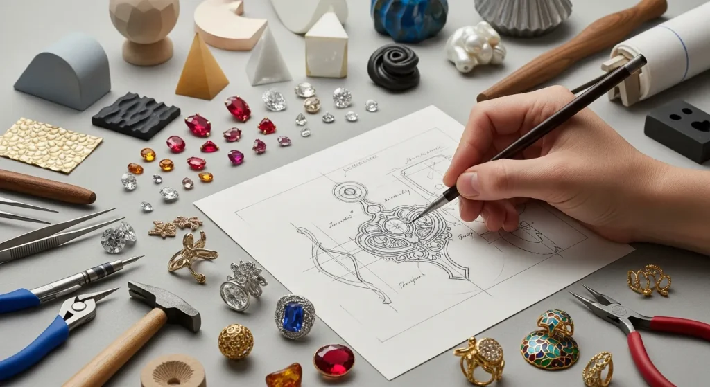 Design de joias artesanais. Pessoa pensativa com caneta, rodeada por diversas amostras de materiais (metais, gemas) e inspirações visuais, simbolizando a criação de uma joia personalizada na imaginação e o desafio do 'Kit DNA Joalheiro'.